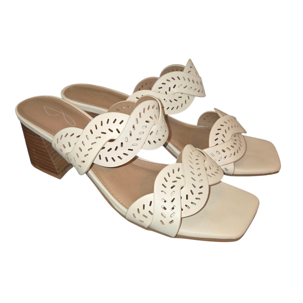 Joie Society Beige Laser Cut Braided Faux Leather Strap Heeled Sandals Size 9